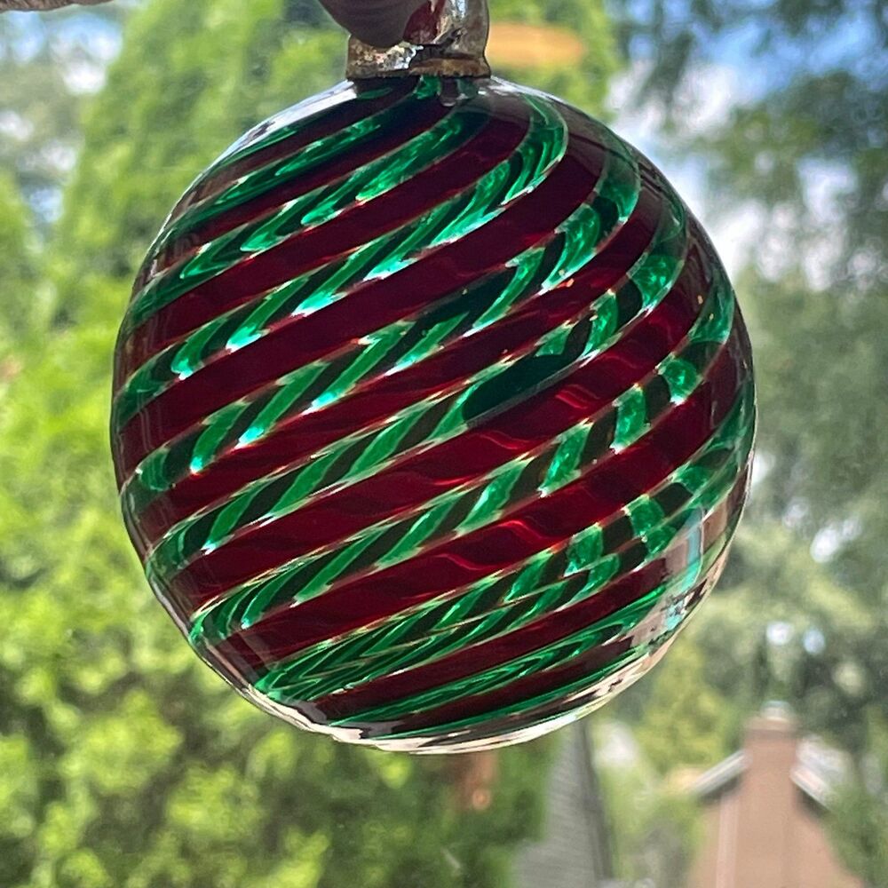 Vintage Murano Art Glass Christmas Orb Ball Ornament Red Green Swirl Gold Foil